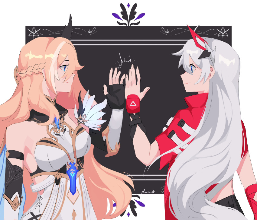 2girls absurdres bare_shoulders bianka_durandal_ataegina bianka_durandal_ataegina_(palatinus_equinox) black_gloves black_headwear blonde_hair blue_eyes braid breasts closed_mouth cowboy_shot detached_sleeves gloves high_five highres honkai_(series) honkai_impact_3rd jacket kiana_kaslana kiana_kaslana_(void_drifter) large_breasts long_hair looking_at_another mararu multicolored_hair multiple_girls official_alternate_costume open_hand red_jacket siblings simple_background sisters smile streaked_hair upper_body white_hair