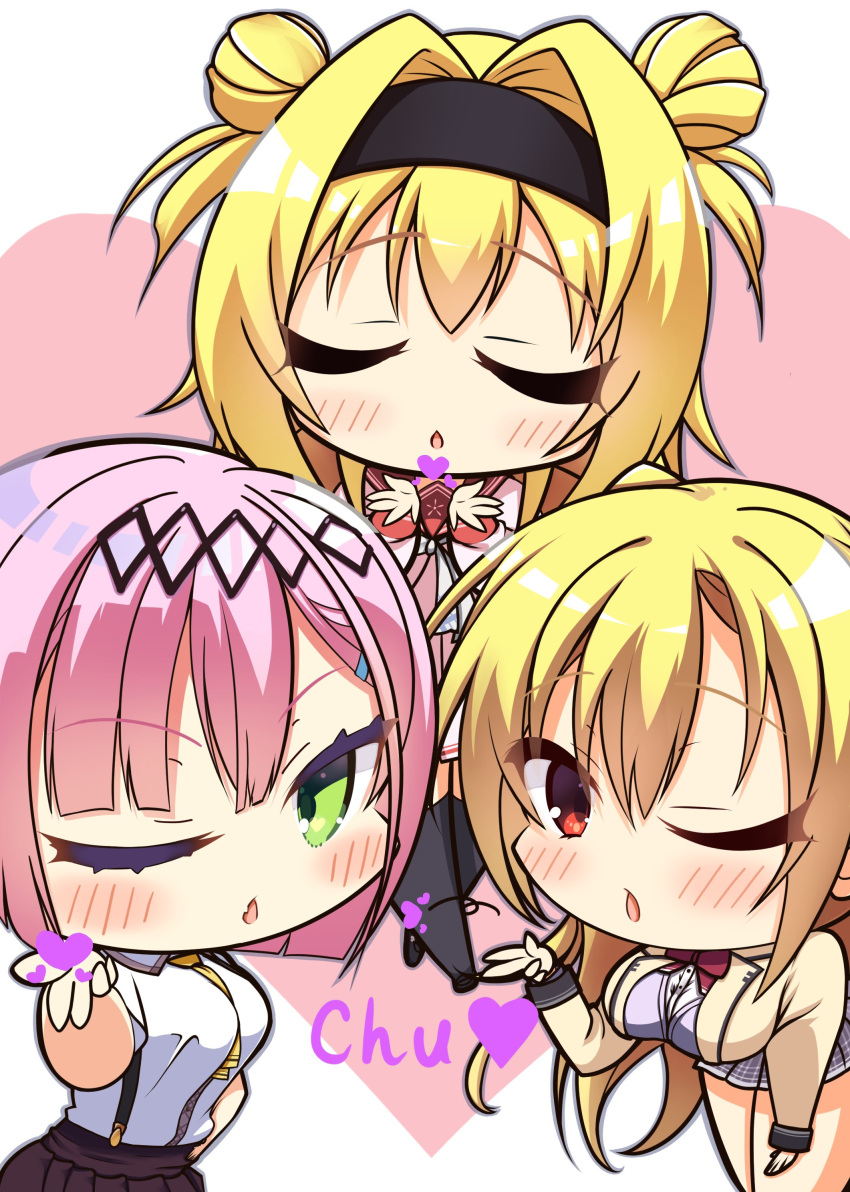 3girls absurdres arihara_nanami black_hairband black_thighhighs blonde_hair blowing_kiss blush bob_cut breasts chibi chitose_sana closed_eyes commentary_request double_bun eyelashes facing_viewer green_eyes hair_between_eyes hair_bun hair_intakes hairband hand_up heart highres jacket large_breasts long_hair long_sleeves looking_at_viewer miniskirt multiple_girls one_eye_closed open_mouth pink_background pink_hair pink_shirt pink_skirt pleated_skirt red_eyes red_sailor_collar reiji_tsukimi riddle_joker sailor_collar school_uniform serafuku shirt short_hair short_sleeves simple_background skirt standing suspender_skirt suspenders tanikaze_amane tenshi_souzou_re-boot! tenshinranman thighhighs trait_connection tsurime two_side_up v white_background white_shirt yellow_jacket yuzu-soft zettai_ryouiki