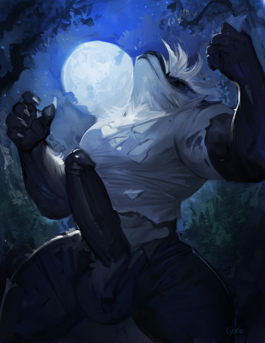 abaddonstrife anthro canid canine clothing forest full_moon genitals goroguro hi_res howl humanoid_genitalia humanoid_penis male mammal moon muscular muscular_male penis plant solo torn_clothing transformation tree were werecanid werecanine werewolf