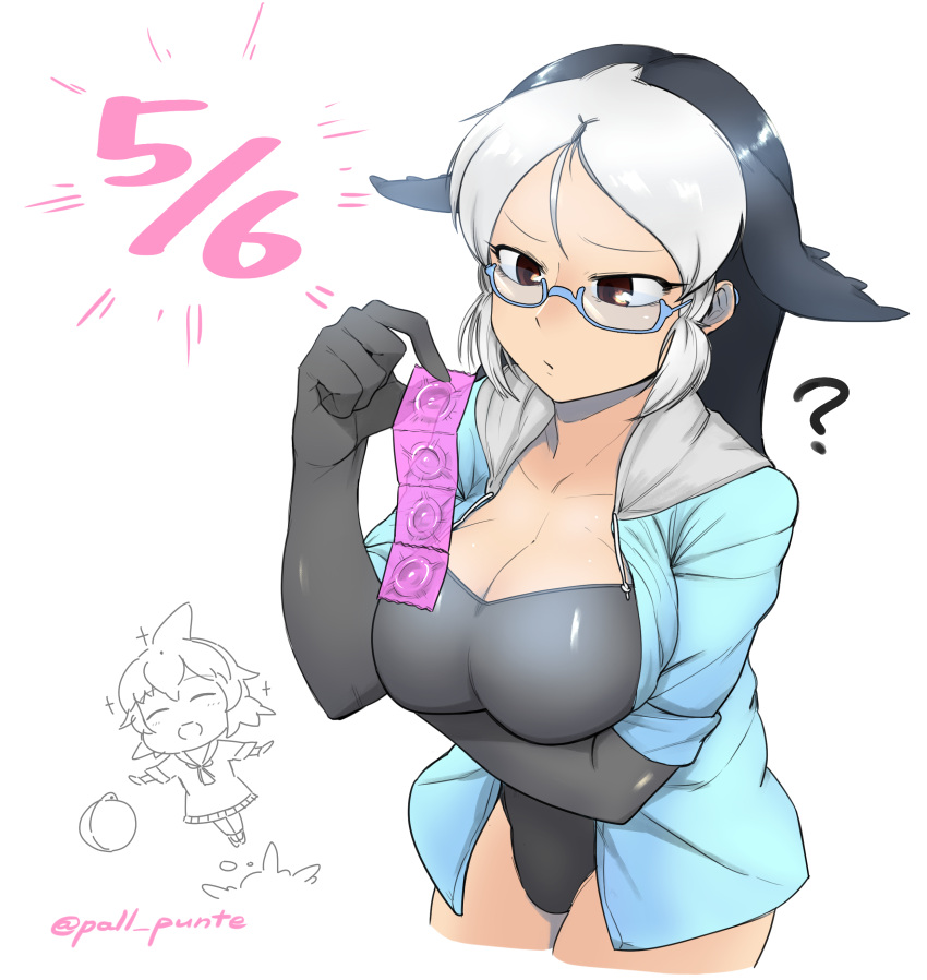 2girls ? absurdres arm_under_breasts black_gloves black_hair black_one-piece_swimsuit blue-framed_eyewear blue_hoodie breasts california_sea_lion_(kemono_friends) chibi chibi_inset cleavage commentary_request common_bottlenose_dolphin_(kemono_friends) condom condom_packet_strip condom_wrapper cowboy_shot dated elbow_gloves fins glasses gloves head_fins highres holding holding_condom hood hood_down hoodie kemono_friends large_breasts long_hair multicolored_hair multiple_girls one-piece_swimsuit open_clothes open_hoodie open_mouth parupunte_(nicoseiga51964270) rubber_day semi-rimless_eyewear simple_background solo_focus swept_bangs swimsuit twitter_username under-rim_eyewear white_background white_hair