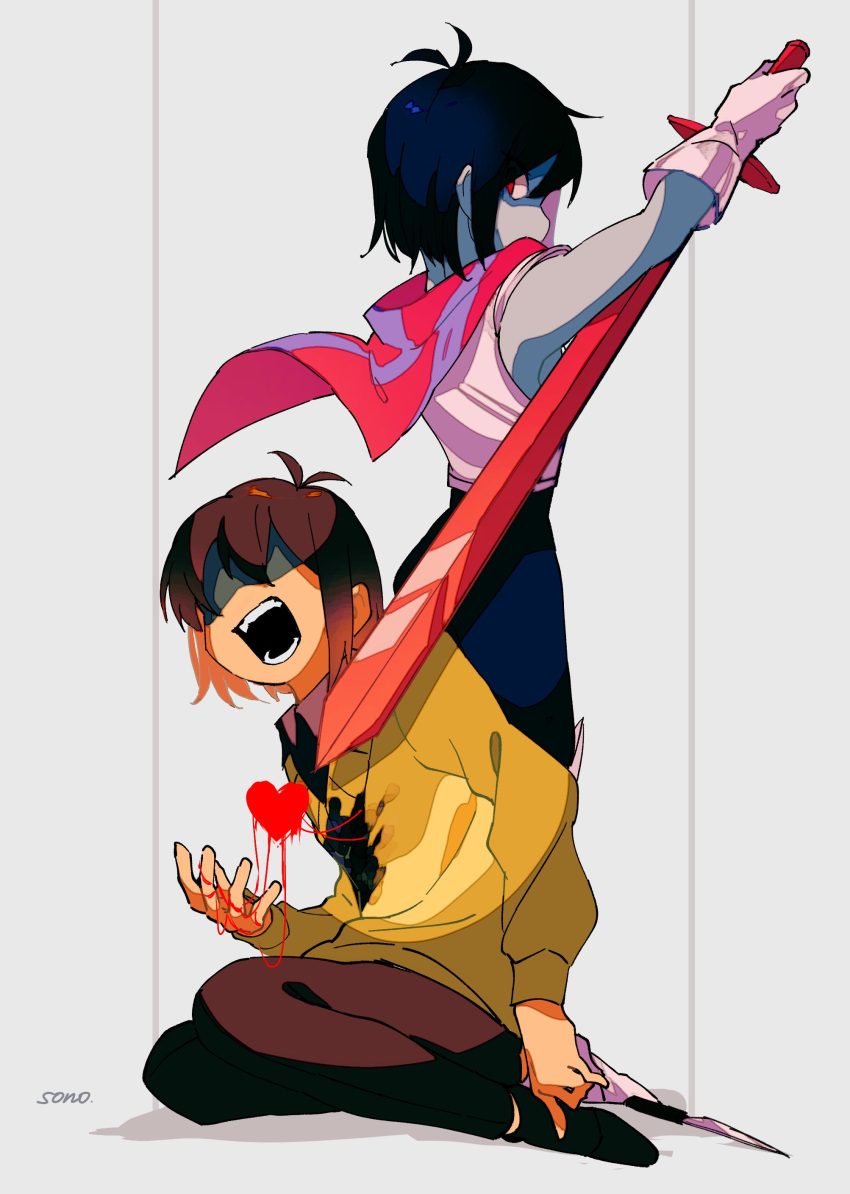 2others absurdres androgynous antenna_hair arm_up artist_name black_pants blue_hair brown_hair cape colored_skin covered_eyes deltarune dual_persona elbow_gloves from_side full_body gloves grey_background grey_skin hashtag_only_commentary heart highres holding holding_sword holding_weapon kris_(deltarune) long_sleeves looking_back multiple_others open_mouth other_focus pants pink_cape red_eyes screaming shaded_face short_hair signature simple_background sitting sonokare standing string sweater sword weapon white_gloves wide-eyed yellow_sweater yokozuwari