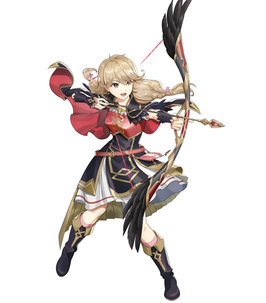 1girl alternate_costume armor arrow_(projectile) bag bangs belt black_footwear boots bow bow_(weapon) braid breastplate bridal_gauntlets brown_eyes brown_hair capelet dress faye_(fire_emblem) feather_trim feathers fire_emblem fire_emblem_echoes:_shadows_of_valentia fire_emblem_heroes full_body gold_trim hair_bow highres holding holding_bow_(weapon) holding_weapon knee_boots long_hair looking_away mikurou_(nayuta) non-web_source official_art open_mouth shiny shiny_hair short_sleeves shoulder_armor smile solo transparent_background twin_braids twintails weapon