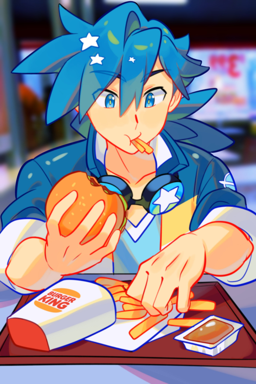 1boy absurdres blue_eyes blue_hair blue_jacket blurry burger burger_king commentary constellor depth_of_field english_commentary food food_in_mouth french_fries goggles goggles_around_neck highres holding holding_food jacket male_focus original orion_starlor sauce sleeves_rolled_up solo table tray upper_body