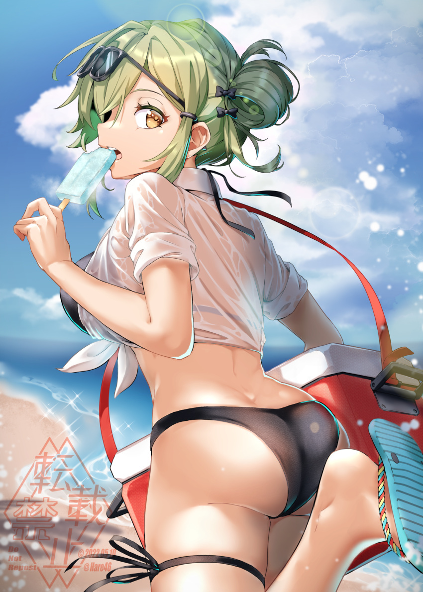 ass back beach bikini black_bikini blue_sky breasts brown_eyes collared_shirt commentary_request cooler day eyewear_on_head flip-flops food girls'_frontline green_hair hair_bun hair_ribbon highres holding holding_food kagami_(haret46) large_breasts looking_at_viewer looking_to_the_side magal_(girls'_frontline) ocean outdoors popsicle ribbon sandals see-through see-through_shirt shirt signature sky solo sunglasses swimsuit tied_shirt walking watermark white_shirt