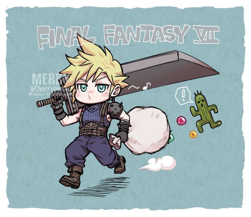 ! 1boy aqua_background aqua_eyes armor bag baggy_pants belt blonde_hair blue_pants blue_shirt blush boots brown_belt brown_footwear buster_sword chibi cloud_strife final_fantasy final_fantasy_vii final_fantasy_vii_remake gloves happy_birthday highres hitsuji_merry holding holding_bag holding_sword holding_weapon male_focus materia multiple_belts musical_note over_shoulder pants pointy_hair running sabotender shirt short_hair shoulder_armor single_bare_shoulder single_shoulder_pad sleeveless sleeveless_turtleneck spiked_hair spoken_exclamation_mark suspenders sword turtleneck twitter_username weapon weapon_over_shoulder