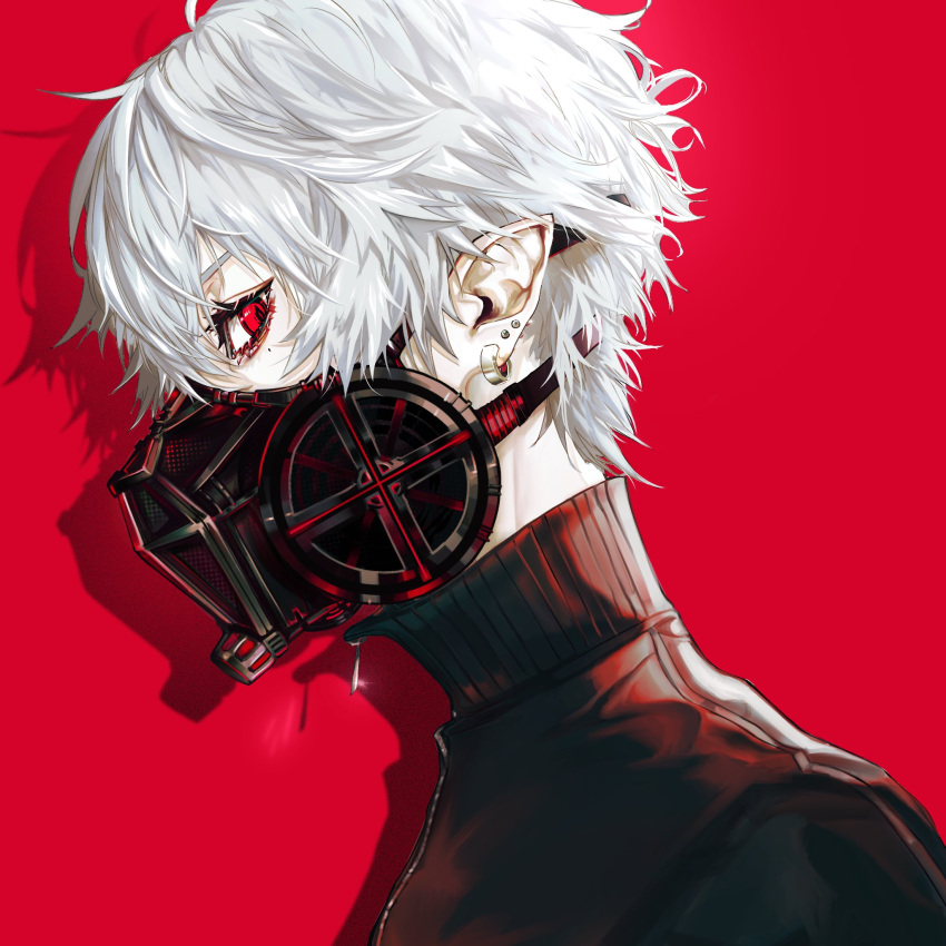 1boy black_jacket covered_mouth ear_piercing earrings from_side gas_mask high_collar highres jacket jewelry kuzuha_(nijisanji) looking_at_viewer male_focus mask mole mole_under_eye nijisanji piercing pointy_ears red_background red_eyes short_hair solo virtual_youtuber white_hair yaeba_nuke