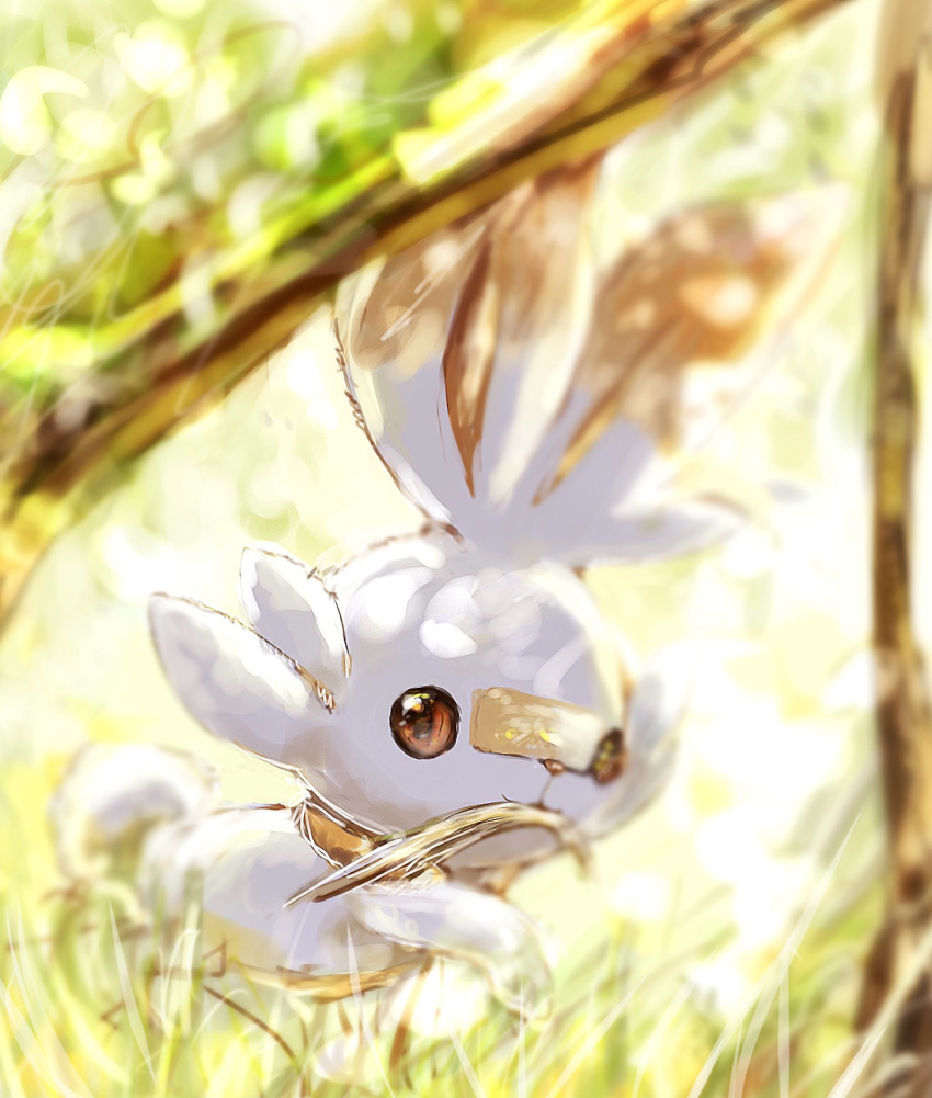 :3 animal_focus animal_nose backlighting blurry closed_mouth commentary dappled_sunlight day depth_of_field grass highres looking_at_viewer mouth_hold no_humans outdoors pokemon pokemon_(creature) rabbit red_eyes running scorbunny solo sunlight tensaitou_tou tree