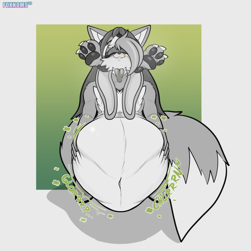 absurd_res anthro ass_first belly big_belly canid canine digital_media_(artwork) duo feet_out_of_maw fox foxynoms hair hi_res lagomorph leporid mammal one_eye_closed oral_vore paws rabbit simple_background swallowing vore