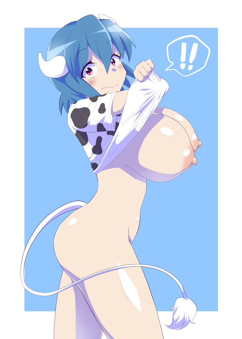 ! !! 1girl absurdres animal_print ass blue_background blue_hair blush bottomless breasts closed_mouth clothes_lift cow_girl cow_horns cow_print cow_tail embarrassed from_side highres horns jashin-chan_dropkick large_breasts lifted_by_self looking_at_viewer minos_(jashin-chan_dropkick) moyuru_pen nipples no_panties print_shirt red_eyes shirt shirt_lift short_hair simple_background solo tail