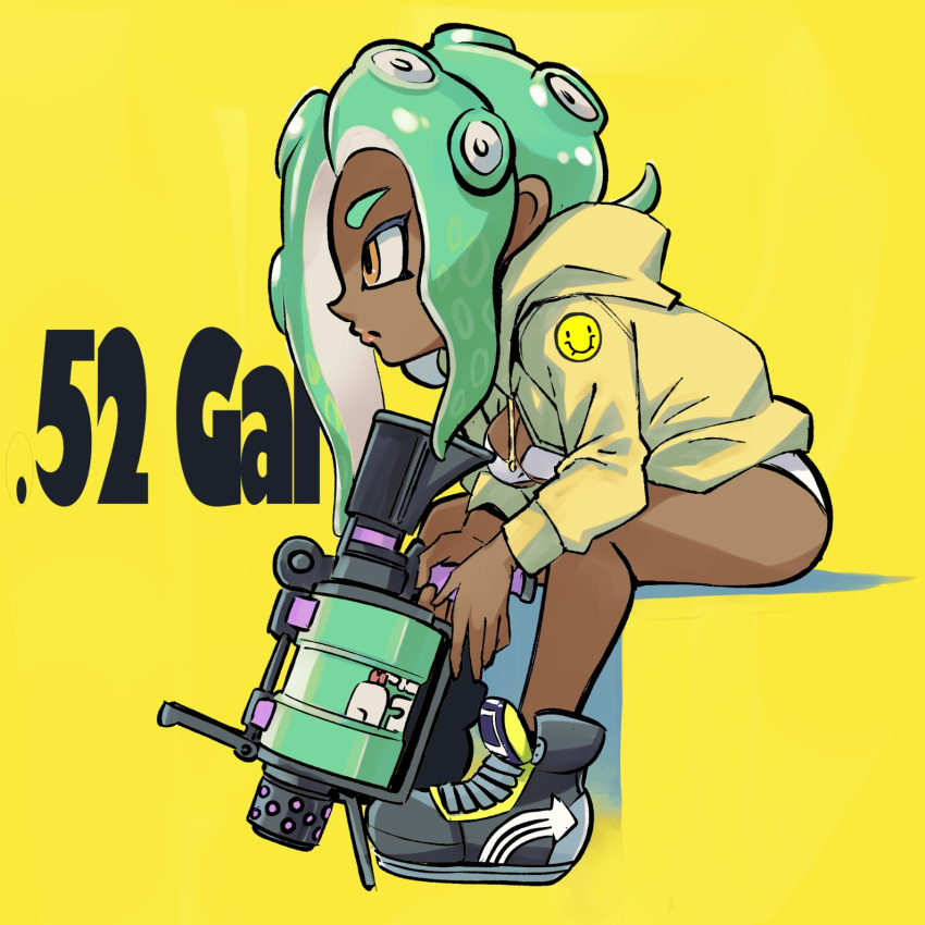 .52_gal_(splatoon) 1girl aqua_hair breasts cleavage closed_mouth commentary_request dark-skinned_female dark_skin eyelashes full_body gun highres holding holding_gun holding_weapon hood hoodie long_hair muramasa_mikado octoling_girl octoling_player_character orange_eyes simple_background sitting solo splatoon_(series) splatoon_3 tentacle_hair thick_eyebrows thighs weapon weapon_name white_swimsuit yellow_background yellow_hoodie