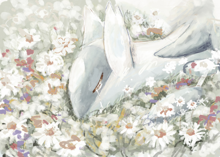 animal_focus claws closed_eyes commentary crying day field flower flower_field grass highres latios lying muted_color no_humans on_ground on_side outdoors pokemon pokemon_(creature) profile red_flower sad solo tears tensaitou_tou u_u white_flower