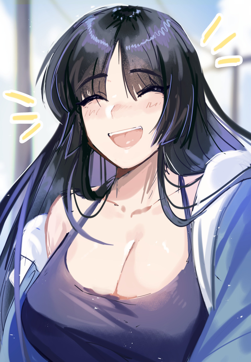 1girl absurdres black_hair blush breasts cleavage closed_eyes collarbone english_commentary highres hood hoodie kaguya_jingu large_breasts long_hair off_shoulder open_clothes open_hoodie open_mouth smile solo sora_(zombiebathwater) tank_top under_night_in-birth under_night_in-birth_2_sys:celes white_hoodie