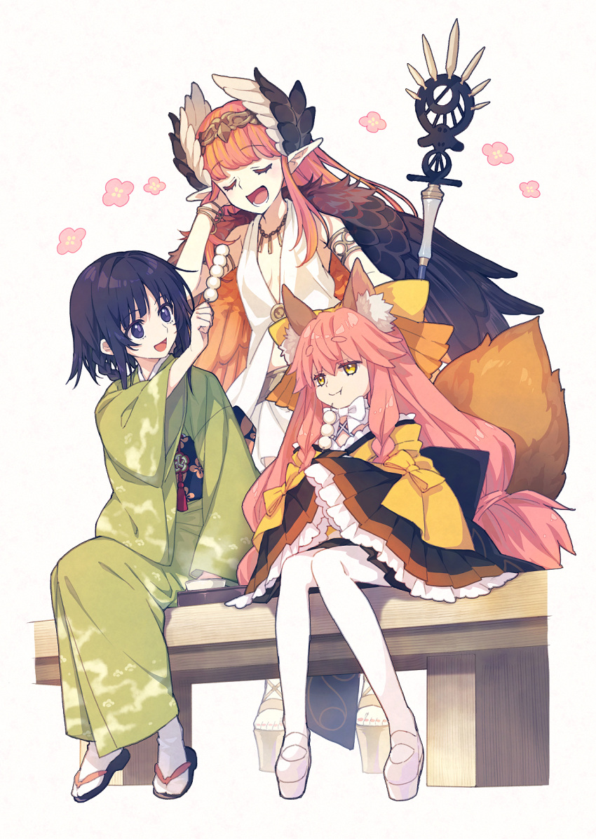 3girls animal_ear_fluff animal_ears armlet bare_shoulders black_eyes black_hair bow bracelet braid braided_hair_rings braided_sidelock brown_wings circe_(fate) circlet closed_eyes cross-laced_sandals dango dress eating fate/grand_order fate/samurai_remnant fate_(series) feathered_wings feeding food fox_ears fox_girl fox_tail green_kimono hair_bow hair_intakes head_wings high_heels highres holding holding_staff japanese_clothes jewelry kimono long_hair low-tied_long_hair multiple_girls necklace obi ogasawara_kaya okobo open_mouth pantyhose pink_hair platform_footwear pointy_ears print_kimono saipaco sandals sash short_eyebrows short_kimono simple_background sitting sleeves_past_fingers sleeves_past_wrists staff standing tail tamamo_(fate) tamamo_aria_(fate) twintails wagashi white_background white_bow white_pantyhose winged_hair_ornament wings yellow_bow yellow_eyes yellow_kimono