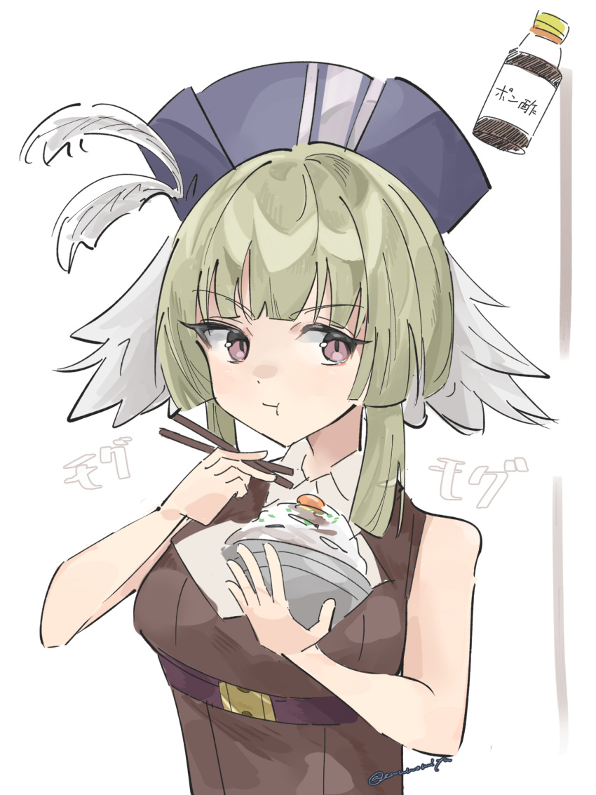 1girl arknights belt blunt_bangs blunt_ends bottle bowl breasts brown_footwear buckle chewing chopsticks collared_shirt cowboy_shot dot_nose drink eating egg_(food) enunomiya feather_hair feathers food green_hair hat_feather high_belt highres holding holding_chopsticks medium_breasts poncirus_(arknights) purple_eyes rice shirt sidelocks solo twitter_username white_background white_feathers