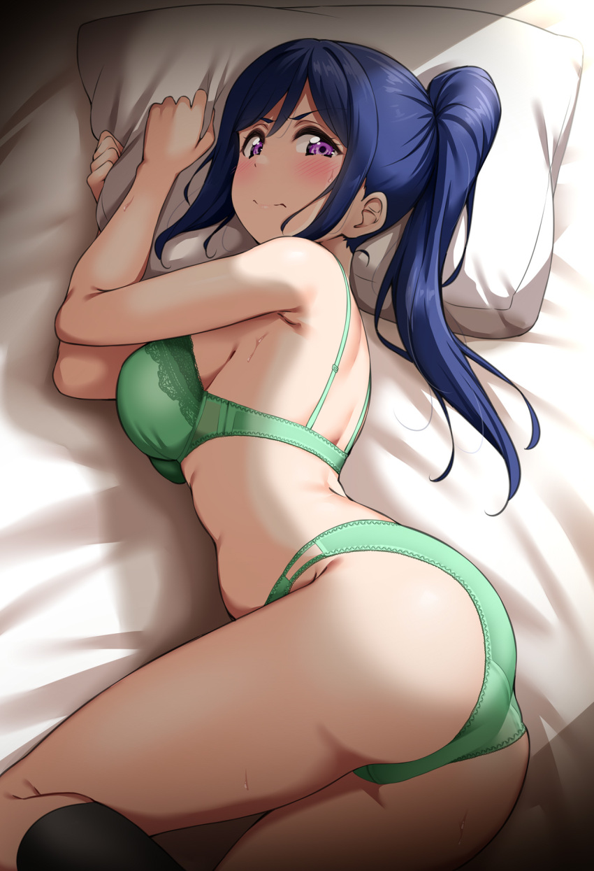 1girl ass bed_sheet black_socks blue_hair blush bra breasts closed_mouth commentary_request green_bra green_panties head_on_pillow highres kneehighs large_breasts light_frown long_hair looking_at_viewer love_live! love_live!_sunshine!! lying matsuura_kanan on_side panties pillow pillow_grab ponytail purple_eyes socks solo underwear underwear_only yopparai_oni