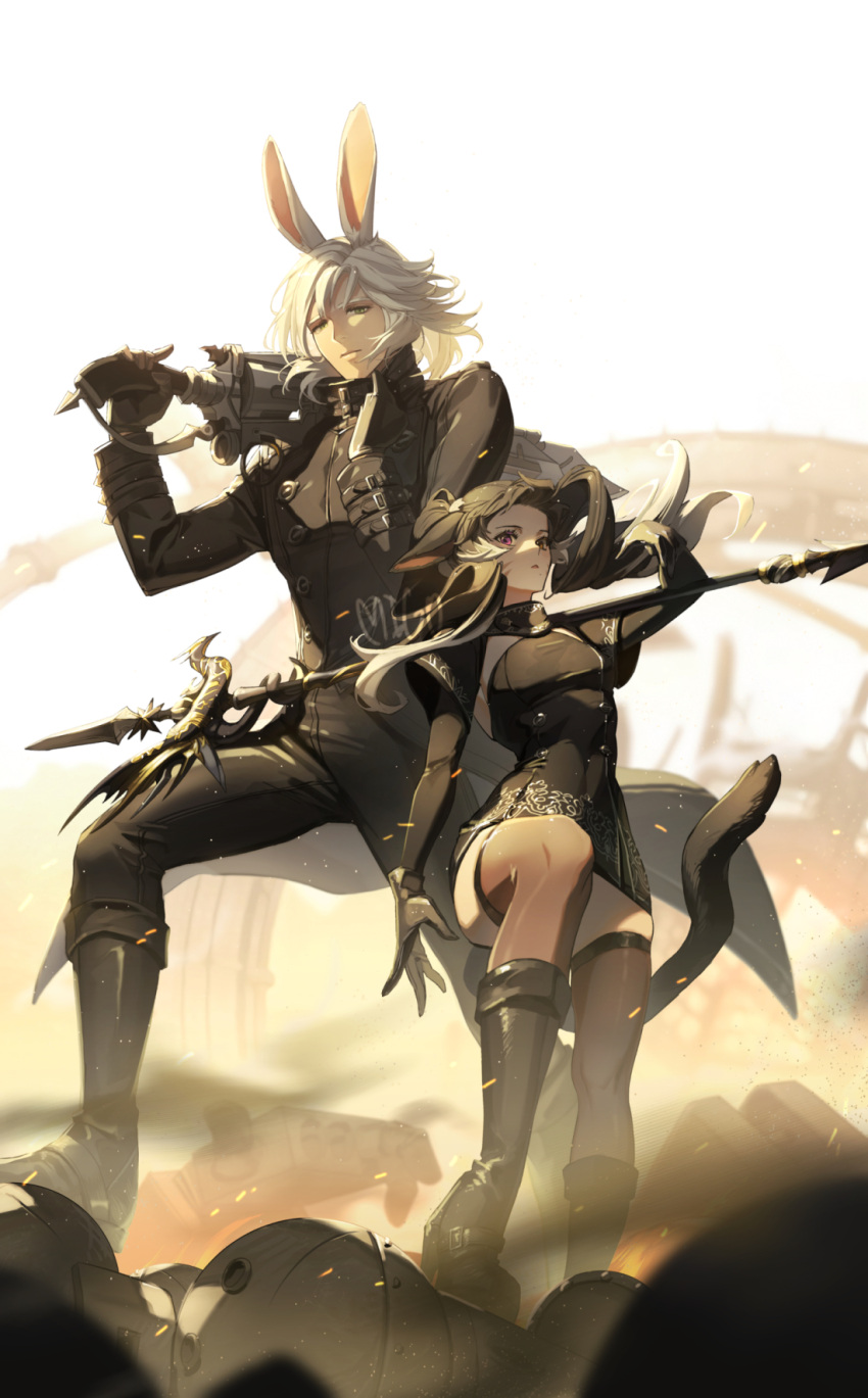 1boy 1girl black_coat black_gloves black_pants brown_thighhighs buttons closed_mouth coat double-breasted dragoon_(final_fantasy) dress elbow_gloves final_fantasy final_fantasy_xiv floating_hair gloves green_eyes grey_hair gun gunblade gunbreaker_(final_fantasy) hand_up highres holding holding_gun holding_weapon long_sleeves looking_at_viewer migo45 miqo'te nier:automata nier_(series) original over_shoulder pants parted_lips ponytail red_eyes short_dress signature thighhighs viera warrior_of_light_(ff14) weapon weapon_over_shoulder