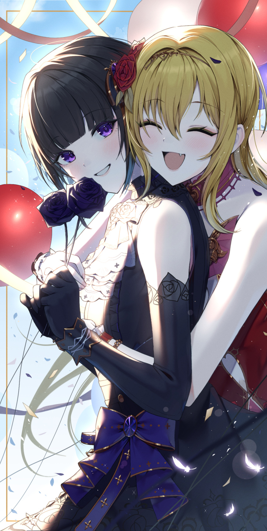 10_(user_cwuu4848) 2girls ^_^ absurdres balloon black_gloves black_hair blonde_hair blunt_bangs blush breasts closed_eyes confetti dress elbow_gloves falling_feathers fang flower gloves hair_flower hair_intakes hair_ornament highres holding holding_flower hug hug_from_behind idolmaster idolmaster_cinderella_girls idolmaster_cinderella_girls_starlight_stage kurosaki_chitose looking_at_viewer multiple_girls purple_eyes purple_flower purple_rose rose shirayuki_chiyo sleeveless sleeveless_dress small_breasts smile velvet_rose_(idolmaster)