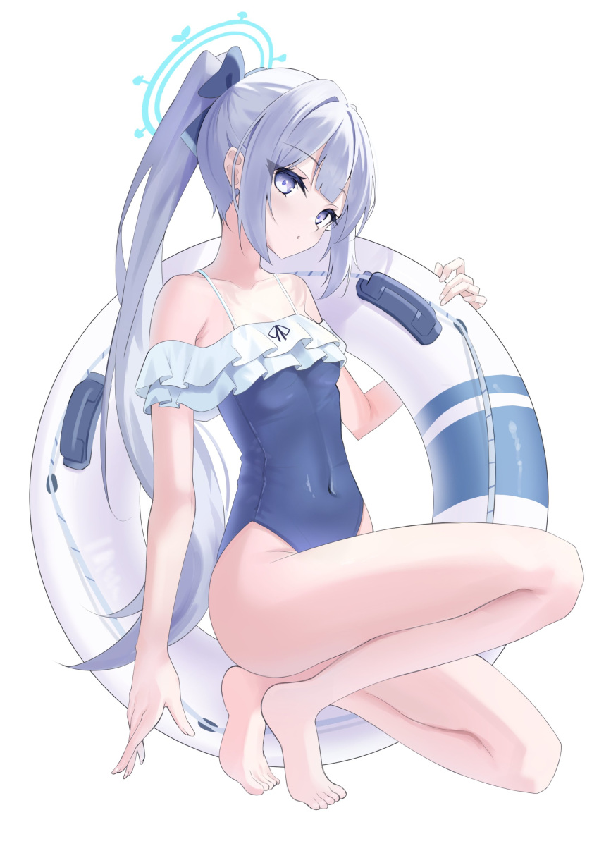 1girl absurdres ass bare_arms bare_legs bare_shoulders barefoot blue_archive blue_halo blue_one-piece_swimsuit blush casual_one-piece_swimsuit covered_navel fingernails frilled_one-piece_swimsuit frills grey_hair gyuu halo highres innertube long_hair looking_at_viewer miyako_(blue_archive) miyako_(swimsuit)_(blue_archive) off-shoulder_one-piece_swimsuit off_shoulder official_alternate_costume one-piece_swimsuit parted_lips ponytail purple_eyes simple_background solo swim_ring swimsuit toes white_background