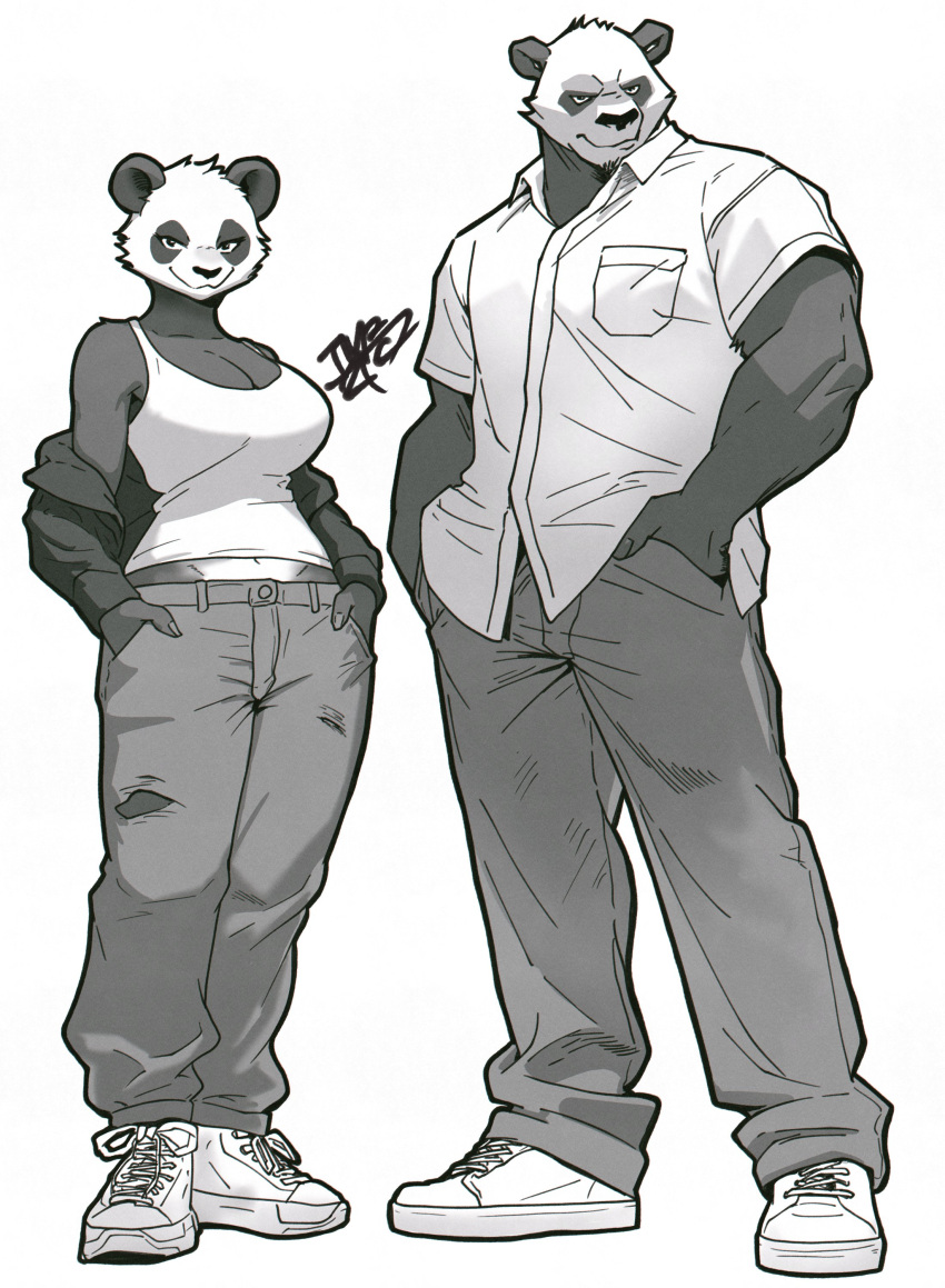 1boy 1girl absurdres bare_shoulders black_jacket breasts cleavage collared_shirt commentary dress_shirt full_body furry furry_female furry_male grey_fur grey_pants hands_in_pockets height_difference highres jacket large_breasts looking_at_viewer midriff monochrome multicolored_fur navel off_shoulder original panda_boy panda_girl pants shirt shoes simple_background smile smirk sneakers symbol-only_commentary tank_top tomochiso untucked_shirt white_background white_footwear white_fur white_tank_top