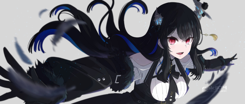 1girl aoi_kanan asymmetrical_horns black_hair blue_hair blush breasts colored_inner_hair crystal_horn demon_horns feathers hair_ornament highres hololive hololive_english horn_flower horns long_hair looking_at_viewer making-of_available mole mole_under_eye multicolored_hair nerissa_ravencroft nerissa_ravencroft_(1st_costume) open_mouth red_eyes smile solo tassel tassel_hair_ornament two-tone_hair uneven_horns virtual_youtuber