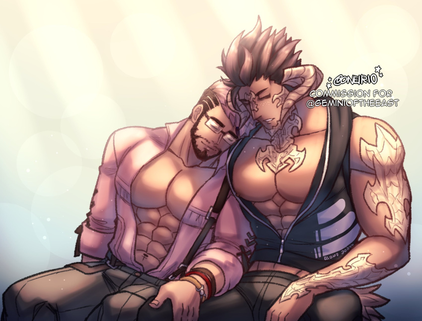 2boys abs au_ra bara bare_pectorals beard commission dark-skinned_male dark_skin facial_hair final_fantasy final_fantasy_xiv foreplay full_beard hand_on_another's_leg head_on_another's_shoulder highres hyur interracial large_pectorals leaning_on_person male_focus mature_male midriff_peek multiple_boys muscular muscular_male navel nipples oneirio pectoral_cleavage pectorals short_hair sideburns sleeping sleeping_on_person sleeping_upright solid_beard thick_eyebrows thick_thighs thighs topless_male warrior_of_light_(ff14) yaoi