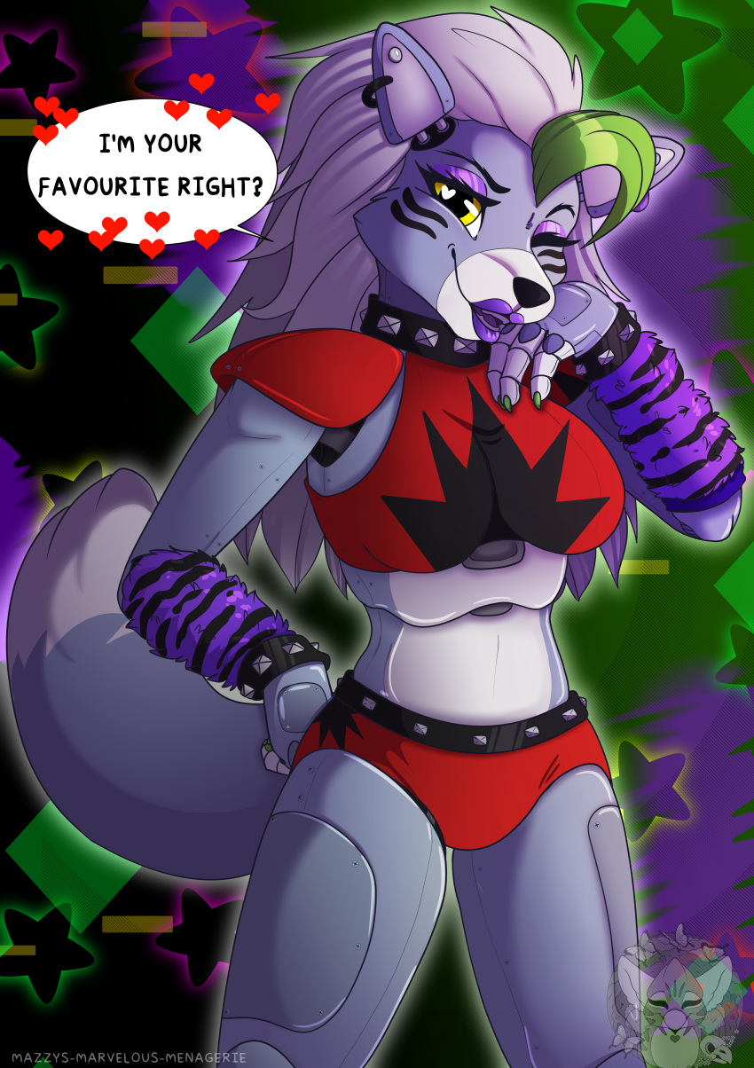 absurd_res animatronic anthro canid canine canis clothed clothing digital_media_(artwork) english_text female five_nights_at_freddy's five_nights_at_freddy's:_security_breach glamrock hair hi_res looking_at_viewer machine mammal marvelous_managerie piercing robot roxanne_wolf_(fnaf) scottgames simple_background smile solo steel_wool_studios text wolf