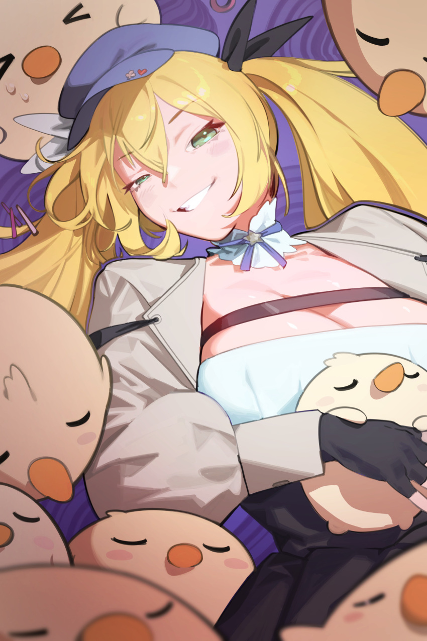 1girl bird blonde_hair breasts chest_belt cleavage dokibird_(vtuber) green_eyes grin hair_ribbon hat highres indie_virtual_youtuber jacket large_breasts lying on_back raneblu ribbon smile solo twintails virtual_youtuber