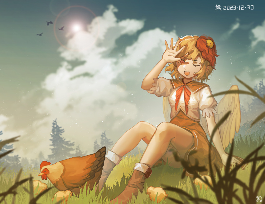 1girl animal artist_logo bird bird_wings blonde_hair boots brown_footwear chick chicken dared dress feathered_wings furahata_gen grass highres multicolored_hair niwatari_kutaka one_eye_closed open_mouth orange_dress red_eyes red_hair shirt short_hair short_sleeves smile solo touhou two-tone_hair white_shirt wings yellow_wings