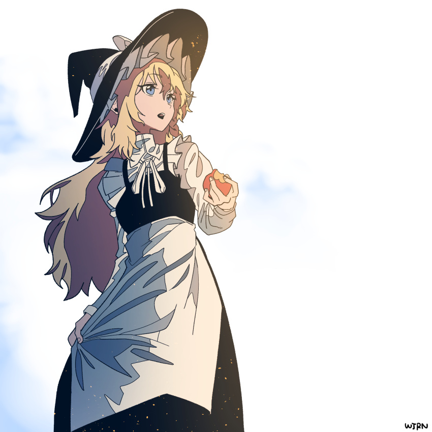 1girl apple apron bangs bite_mark black_dress black_headwear blonde_hair blue_eyes commentary dress english_commentary food frills fruit hair_between_eyes hat hat_ribbon highres holding holding_food holding_fruit kirisame_marisa long_hair long_sleeves neck_ribbon open_mouth ribbon shirt signature skirt_hold solo teeth touhou upper_teeth waist_apron white_apron white_ribbon white_shirt witch_hat wujurana