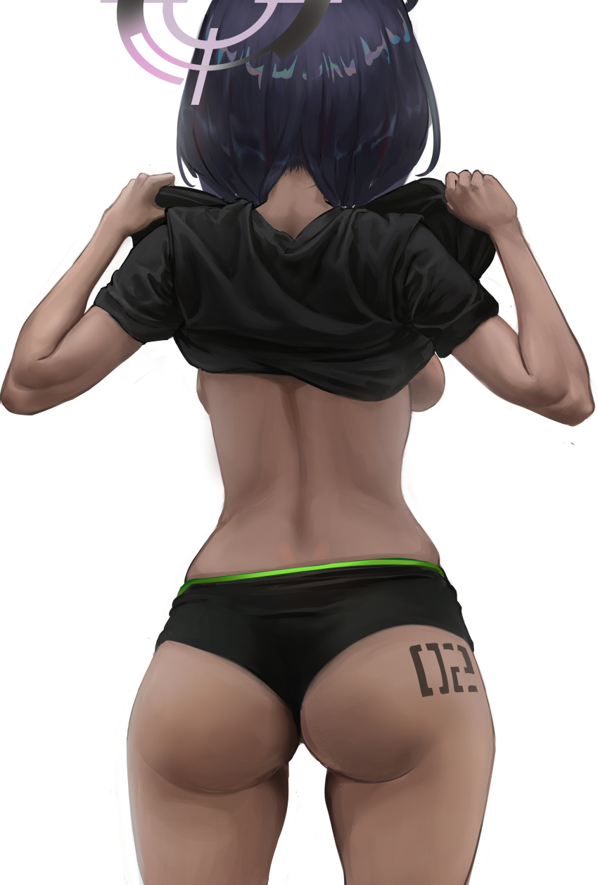 1girl absurdres ass ass_tattoo b-pang backboob black_panties black_shirt blue_archive breasts clothes_lift cowboy_shot dark-skinned_female dark_skin facing_away from_behind halo hands_up highres karin_(blue_archive) lifted_by_self number_tattoo panties purple_hair shirt shirt_lift short_sleeves simple_background solo standing tattoo underwear white_background