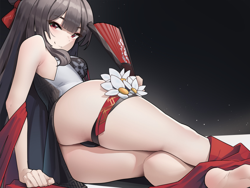 1girl absurdres ass bare_shoulders barefoot black_gloves braid breasts brown_hair china_dress chinese_clothes dress flower from_side gloomyowl gloves goddess_of_victory:_nikke hair_ribbon hair_rings half_gloves hand_fan hand_on_own_thigh highleg highleg_dress highres long_hair medium_breasts navel red_eyes ribbon soles solo thighs twin_braids very_long_hair yan_(nikke)