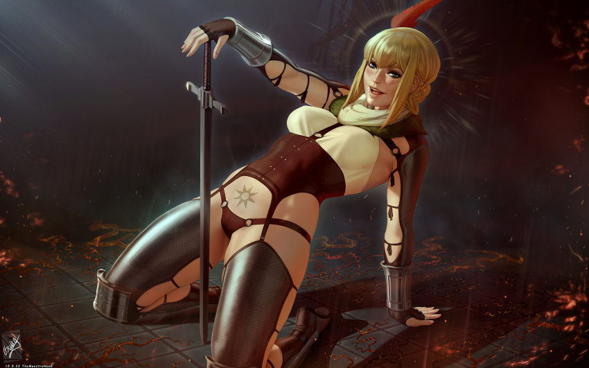 1girl :d black_panties blonde_hair breasts brown_gloves corset covered_nipples dark_souls_(series) dark_souls_i fingerless_gloves gloves hat_feather highres leaning_back long_sleeves medium_breasts panties pubic_tattoo short_hair signature smile solaire_of_astora solo sword tattoo teeth themaestronoob tile_floor tiles tongue underwear upper_teeth_only weapon