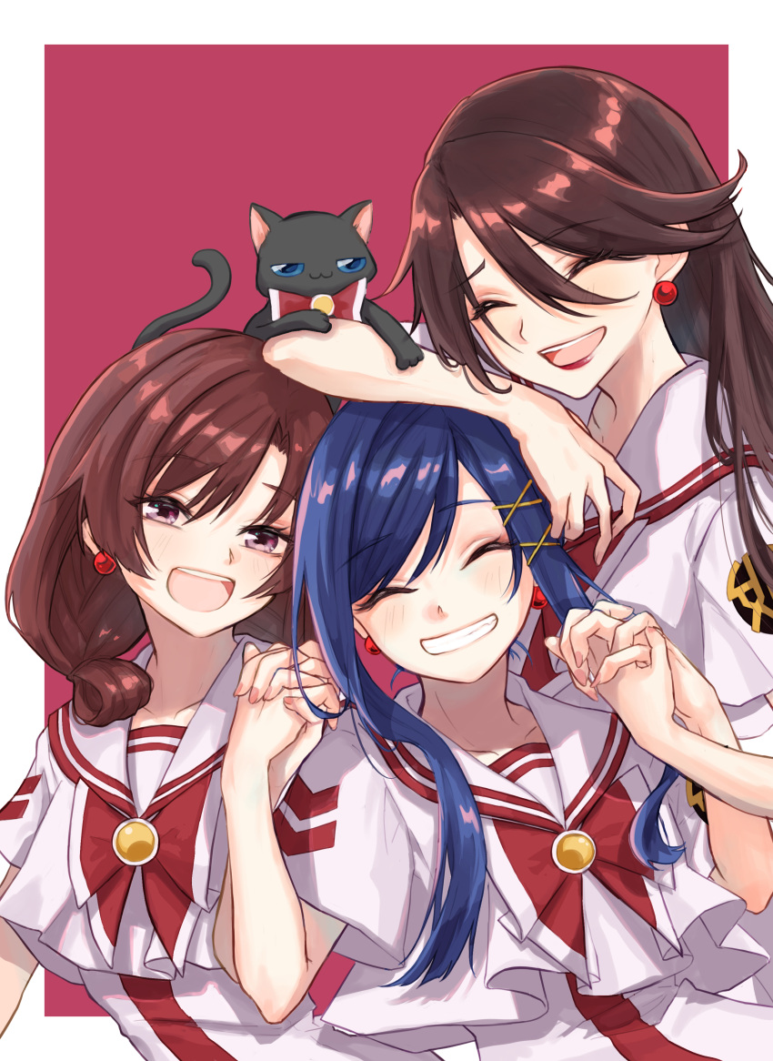 3girls absurdres aika_granzchesta akira_ferrari aria_(manga) arm_rest azusa_mclaren black_cat blue_eyes blue_hair blush border bow bowtie brown_hair cat closed_eyes dress earrings hair_ornament hands_up highres hime_granzchesta himeya_company_uniform holding_hands jewelry kiri_meee lipstick long_hair makeup multiple_girls parted_bangs purple_background purple_eyes red_bow red_bowtie red_lips sailor_collar short_hair_with_long_locks smile twintails upper_body white_border white_dress x_hair_ornament