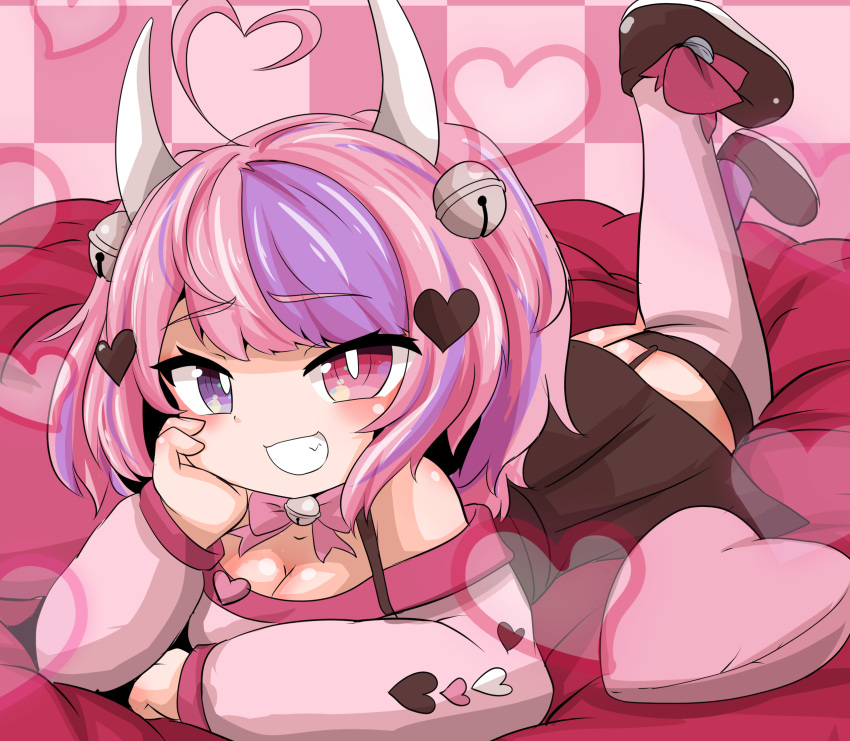 1girl bell black_footwear black_skirt bow_choker breasts choker cleavage demon_girl demon_horns hair_bell hair_ornament heart heart_hair_ornament heterochromia highres horns ironmouse ironmouse_(1st_costume) jingle_bell large_breasts long_hair lying on_stomach pink_eyes pink_shirt pink_thighhighs purple_choker purple_eyes purple_thighhighs shirt shoes skirt smile solo suzushun0425 thighhighs twintails virtual_youtuber vshojo