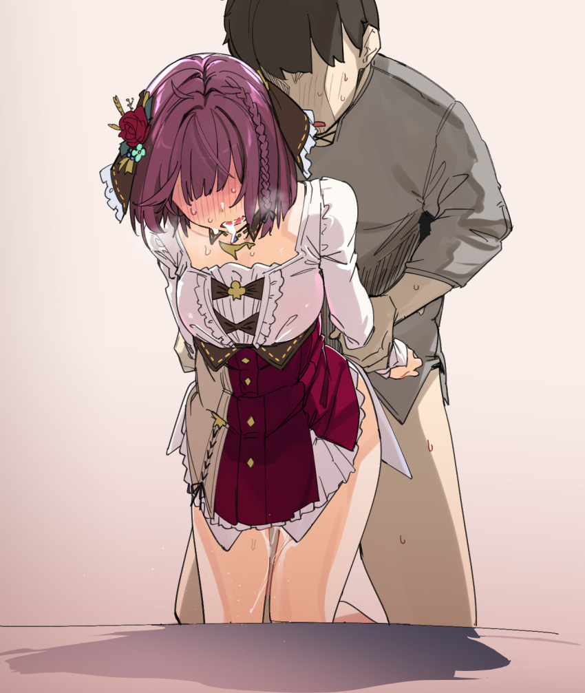 1boy 1girl atelier_(series) atelier_sophie_2 blunt_bangs blush braid corset cum faceless faceless_female faceless_male flower grey_shirt hair_flower hair_ornament highres holding_another's_arm long_sleeves open_mouth red_flower red_hair red_rose rose sex sex_from_behind shirt short_hair side_braid sidelocks sophie_neuenmuller sweat uno_ryoku upper_body