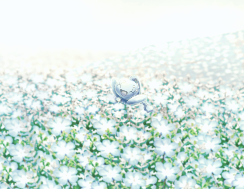 ^_^ absurdres animal_focus arms_up blurry chest_jewel closed_eyes commentary day depth_of_field field flower flower_field happy highres manaphy no_humans open_mouth outdoors outstretched_arms pokemon pokemon_(creature) smile solo tensaitou_tou upper_body white_flower wide_shot yellow_gemstone