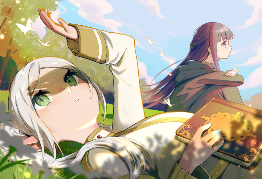 2girls black_coat blue_sky book bug butterfly butterfly_hair_ornament capelet closed_mouth cloud cloudy_sky coat commentary_request day earrings elf fern_(sousou_no_frieren) frieren gem gold_trim green_eyes hair_ornament hand_up high_collar hood hood_down hooded_coat jewelry klaeia long_hair lying multiple_girls on_back on_grass outdoors parted_bangs parted_lips pointy_ears profile purple_eyes purple_hair red_gemstone shade sidelocks sitting sky sousou_no_frieren straight_hair twintails white_capelet white_hair