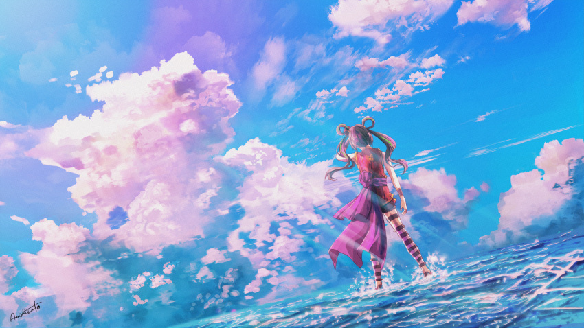 1girl aoi_minato_(aoiminato_ship) arm_at_side blue_sky bow bracer brown_hair brown_skirt cape character_request cloud cloudy_sky from_behind green_hair hair_bow hand_gesture hand_up highres kneehighs leg_garter light_particles light_rays miniskirt ocean original pink_cape pink_legwear pleated_skirt purple_sky red_tunic scenery shading_eyes shirt signature skirt sky sky_focus sleeveless sleeveless_shirt solo standing standing_on_liquid striped striped_legwear traditional_media twintails wind wind_lift