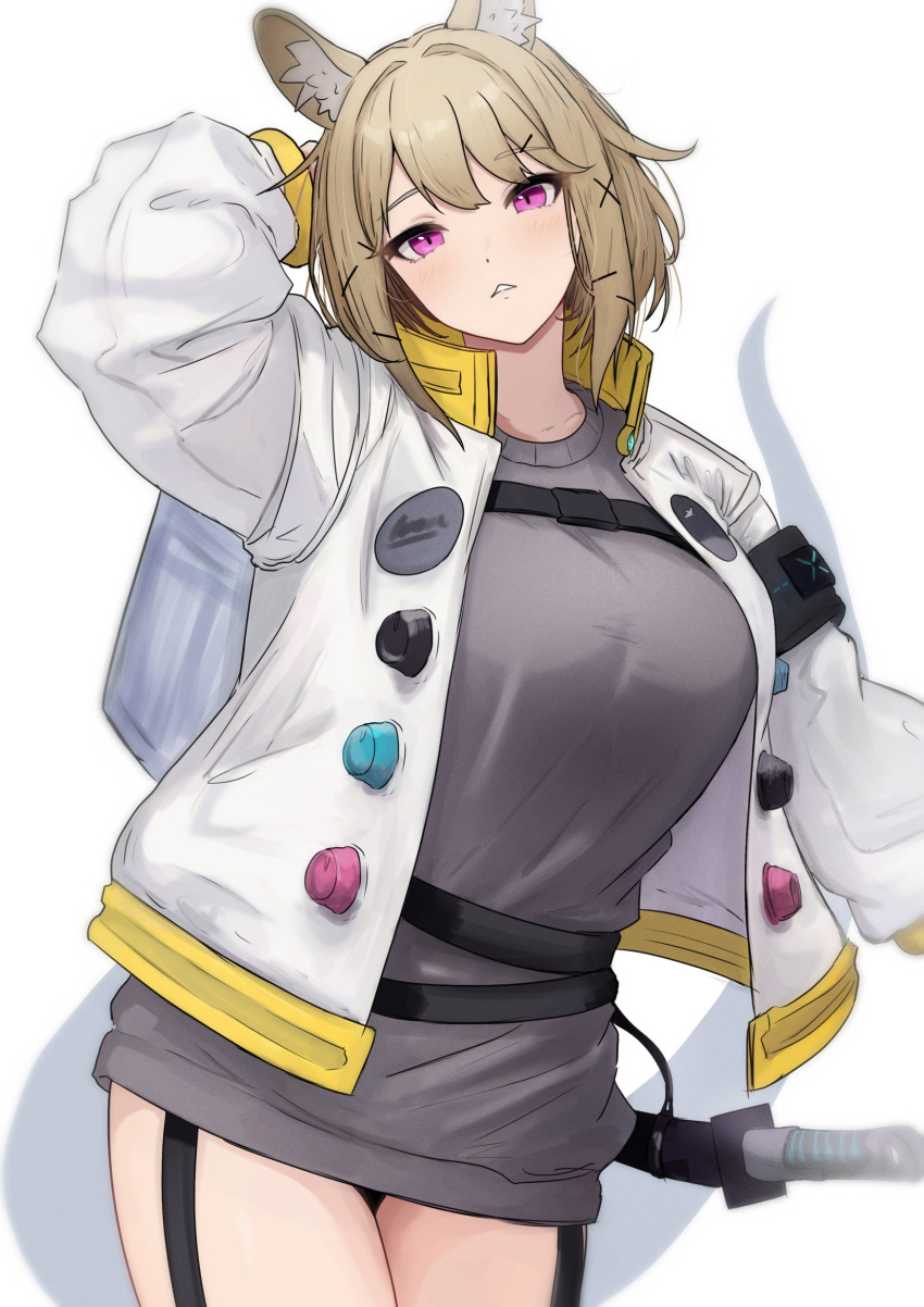 1girl animal_ear_fluff animal_ears arknights arm_behind_head breasts brown_hair commentary cowboy_shot grey_shirt head_tilt highres jacket katana large_breasts long_sleeves looking_at_viewer open_clothes open_jacket pink_eyes shirt simple_background solo sora_mame_(princess_0sora) sword symbol-only_commentary t-shirt tail triangle_mouth utage_(arknights) weapon white_background white_jacket