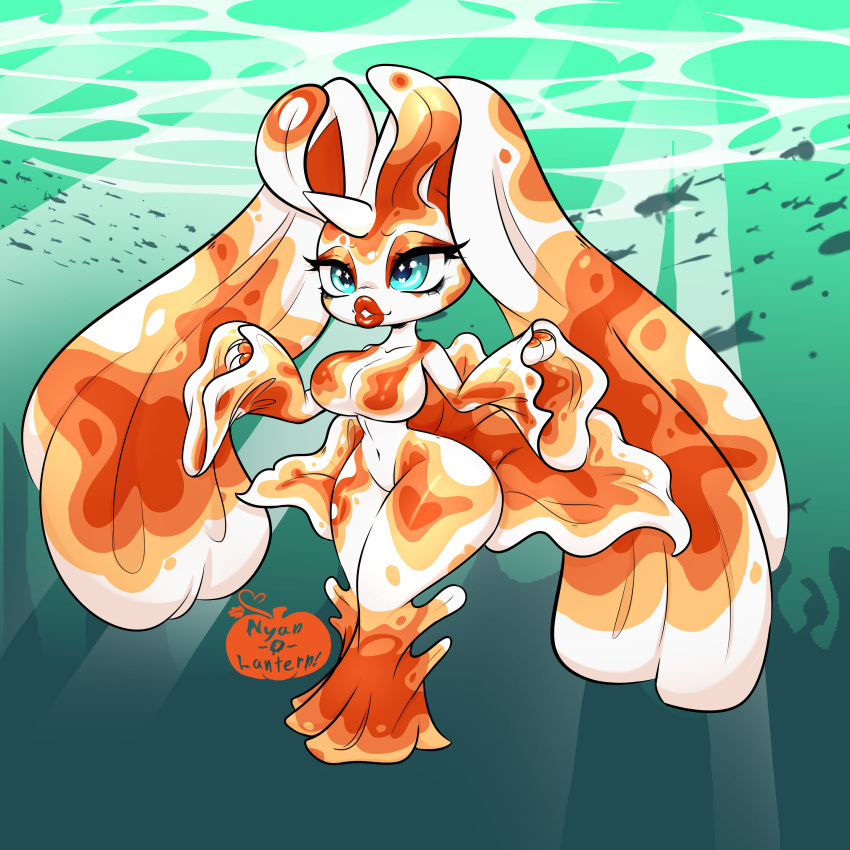 1_horn absurd_res anthro big_breasts big_ears blue_eyes breasts eyelashes featureless_breasts featureless_crotch female floppy_ears fusion generation_1_pokemon generation_4_pokemon goldeen hi_res horn hybrid lips lop_ears lopunny navel nintendo nyan-o-lantern orange_body orange_scales pokemon pokemon_(species) pokemon_fusion pokemon_infinite_fusion red_lips scales solo thick_lips thick_thighs underwater water white_body white_horn white_scales wide_hips