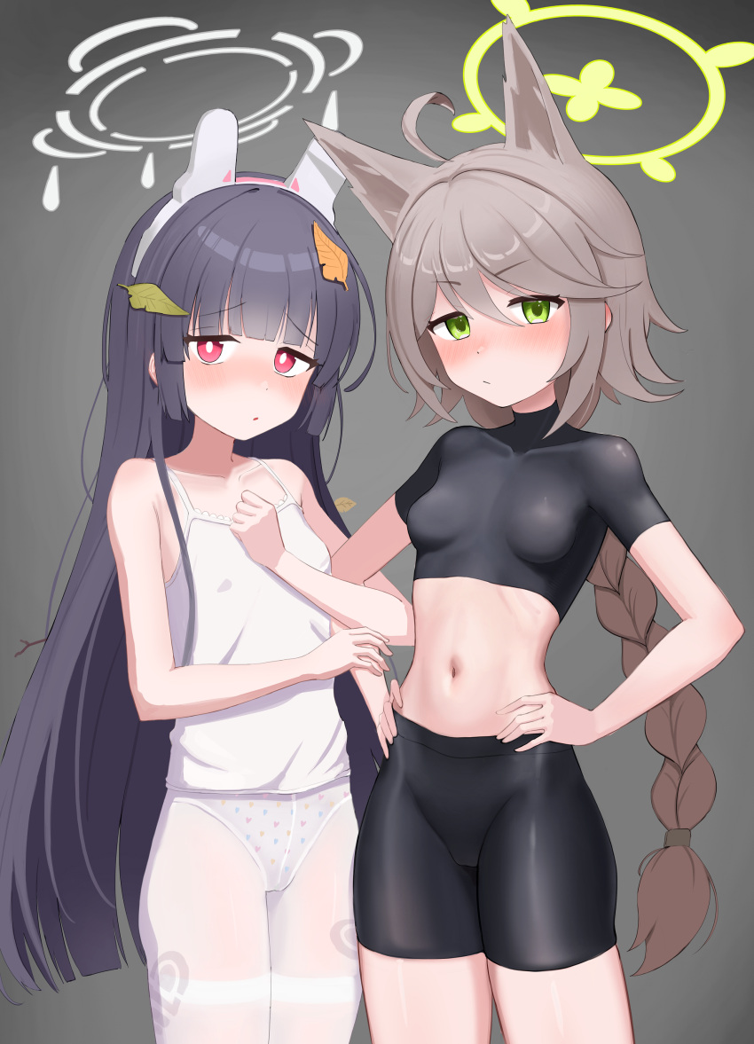 2girls absurdres animal_ears bike_shorts black_hair black_shirt black_shorts blue_archive blush bright_pupils camisole closed_mouth fake_animal_ears fox_ears green_eyes green_halo grey_background grey_halo halo highres leaf leaf_on_head light_brown_hair long_hair looking_at_viewer miyu_(blue_archive) multiple_girls navel otogi_(blue_archive) panties panties_under_pantyhose pantyhose parted_lips rabbit_ears red_eyes shirt shorts stomach undershirt underwear white_camisole white_panties white_pantyhose white_pupils whoning1