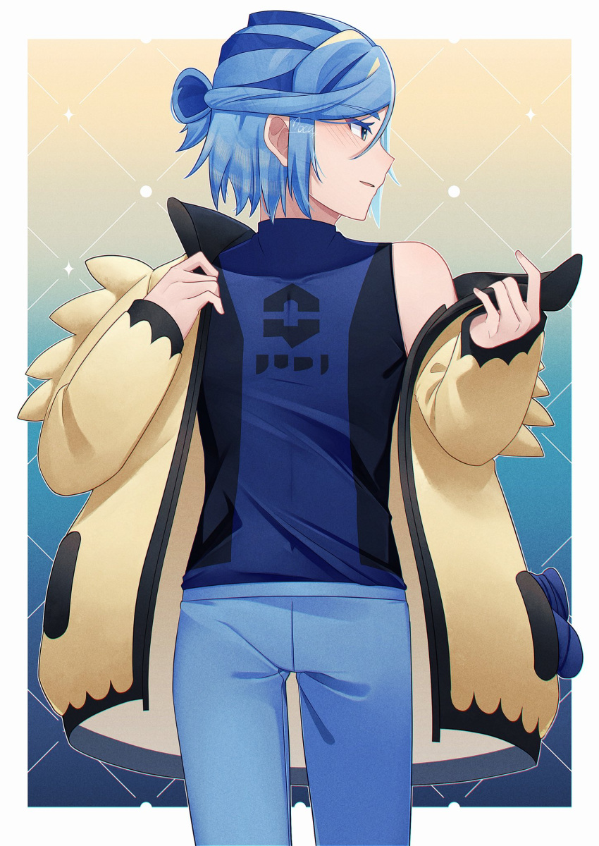 1boy blue_hair blue_pants blue_shirt blush border commentary_request cowboy_shot grusha_(pokemon) hands_up highres jacket long_sleeves looking_to_the_side male_focus mocacoffee_1001 off_shoulder pants parted_lips pokemon pokemon_sv shirt signature sleeveless sleeveless_shirt solo white_border yellow_jacket