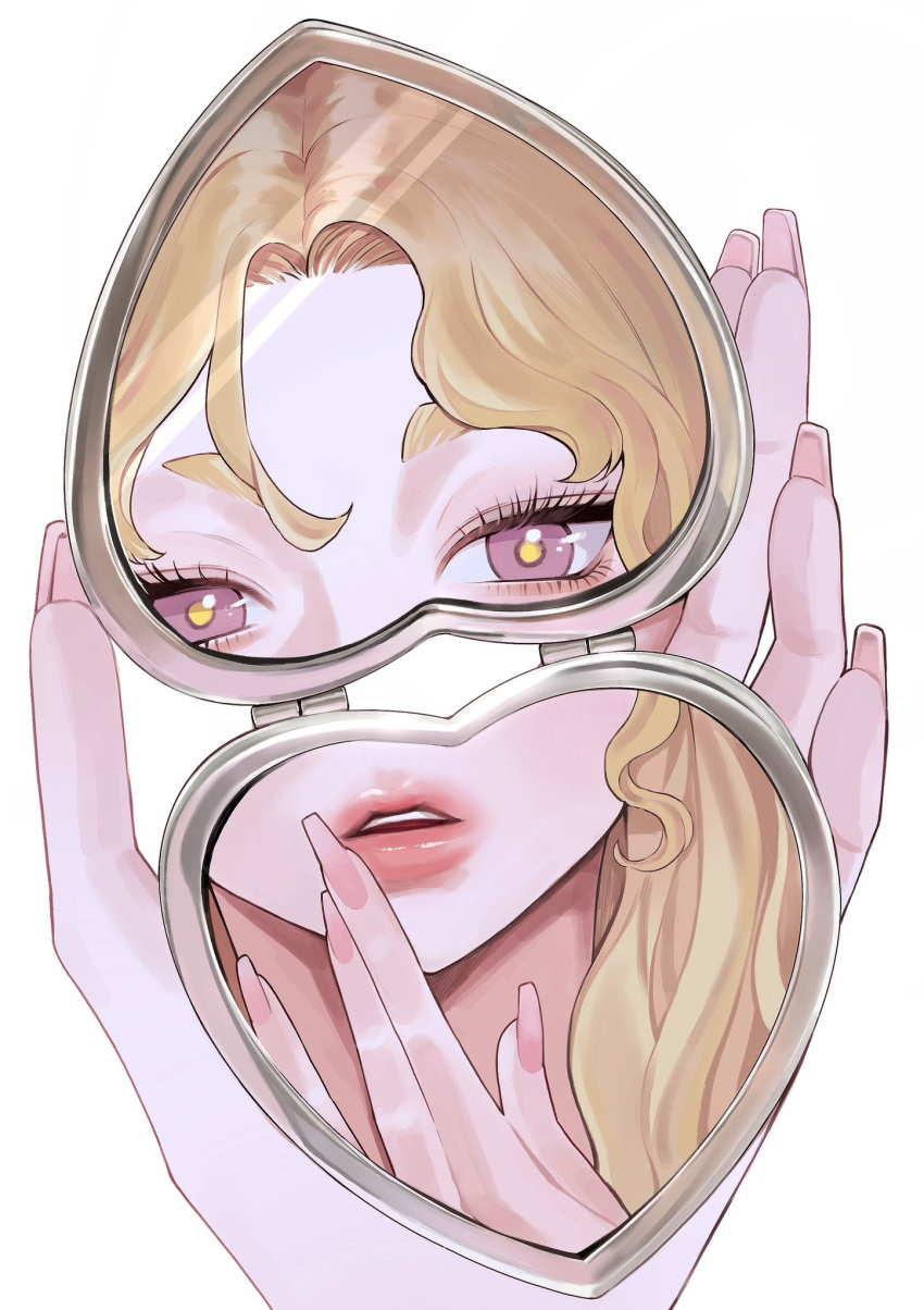 1girl blonde_hair commentary eyelashes fingernails hand_mirror hand_to_own_mouth heart highres holding holding_mirror lipstick long_fingernails looking_at_mirror looking_at_viewer makeup meu_oo mirror nail_polish original out_of_frame parted_lips pink_nails portrait pov pov_hands purple_eyes reflection simple_background solo symbol-only_commentary white_background yellow_pupils