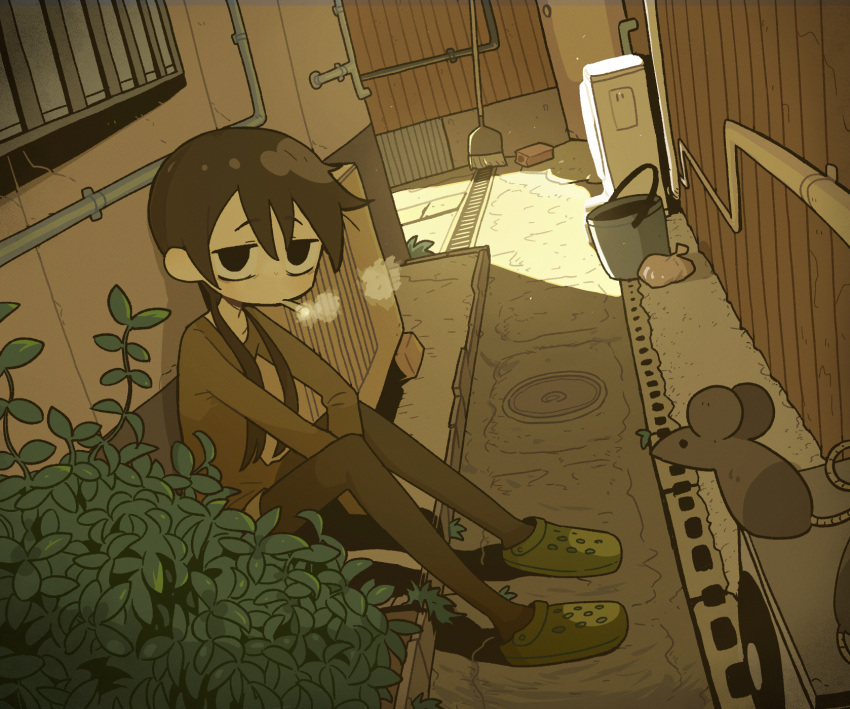 1girl air_conditioner alley animal black_eyes black_pantyhose brick broom bucket building bush cigarette crocs highres industrial_pipe jitome long_sleeves mouse original pantyhose pantyhose_under_shorts shade short_hair shorts sitting smoke smoking solo takurada twintails