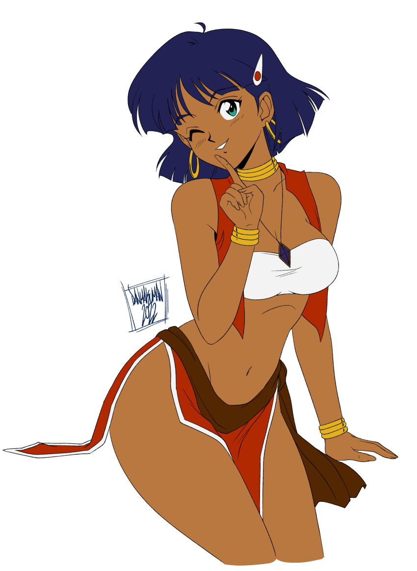 1girl absurdres aqua_eyes artist_name bare_shoulders blue_hair bracelet breasts collarbone commentary danmakuman dark-skinned_female dark_skin earrings finger_to_mouth fushigi_no_umi_no_nadia hair_ornament hairclip hand_up highres hoop_earrings index_finger_raised jewelry looking_at_viewer medium_breasts nadia_la_arwall navel neck_ring necklace one_eye_closed open_clothes parted_lips pelvic_curtain short_hair shushing signature sleeveless solo stomach strapless thighs tube_top vest white_background