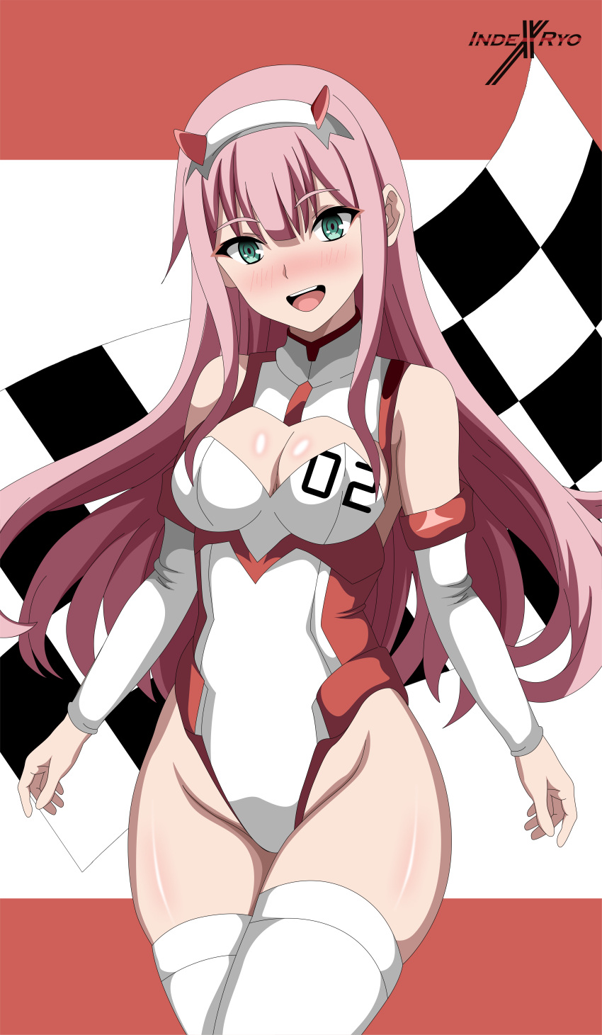 1girl absurdres artist_logo breasts checkered_flag cleavage cleavage_cutout clothes_writing clothing_cutout darling_in_the_franxx detached_sleeves english_commentary flag green_eyes hairband highres horns indexxryo leotard long_hair medium_breasts pink_hair red_horns solo stomach thighhighs two-tone_leotard white_hairband white_leotard white_thighhighs zero_two_(darling_in_the_franxx)
