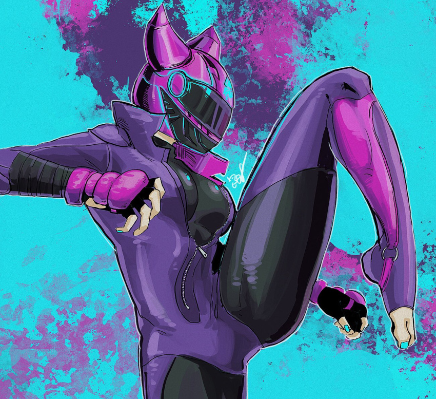 1girl black_bodysuit blue_nails bodysuit breasts covering_face from_side han_juri helmet horns large_breasts leg_up motorcycle_helmet plus08_(tasuhachi) purple_bodysuit solo street_fighter street_fighter_6