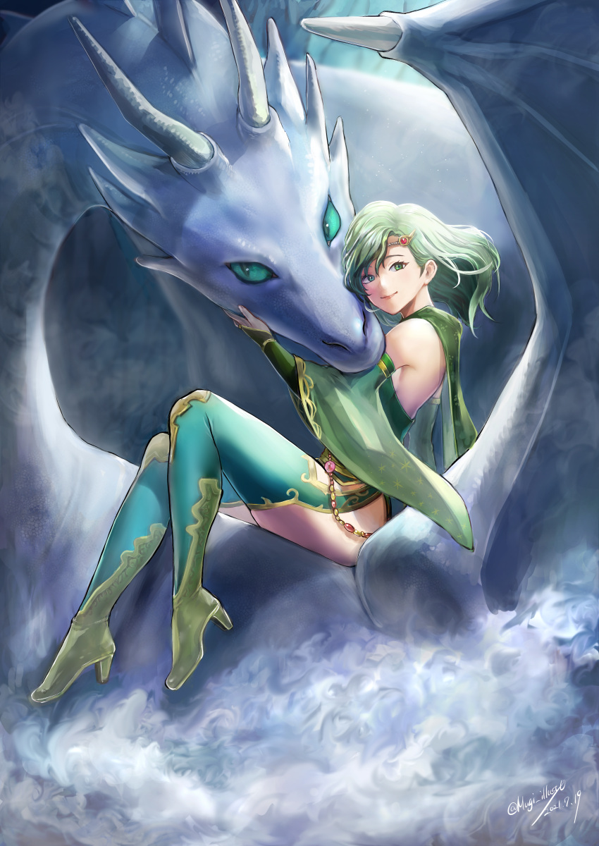 1girl absurdres breasts cape closed_mouth detached_sleeves dragon final_fantasy final_fantasy_iv full_body green_eyes green_hair headband highres komugiko_no_mori long_hair looking_at_viewer older rydia_(ff4) smile thighhighs wings