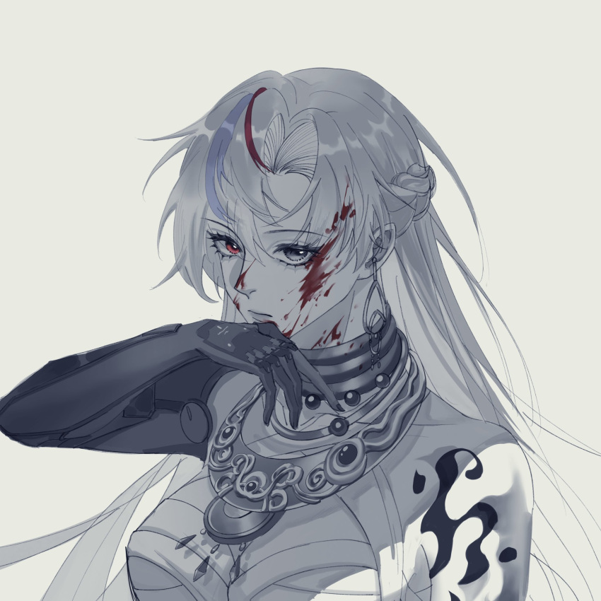 1girl alpha_(punishing:_gray_raven) arm_tattoo bandaged_chest blood blood_on_face braid breasts earrings french_braid grey_eyes grey_hair grey_theme heterochromia highres jewelry large_breasts lucia:_crimson_weave_(punishing:_gray_raven) mechanical_arms multicolored_hair necklace pendant punishing:_gray_raven purple_hair red_eyes red_hair single_mechanical_arm solo streaked_hair tattoo violessastvira