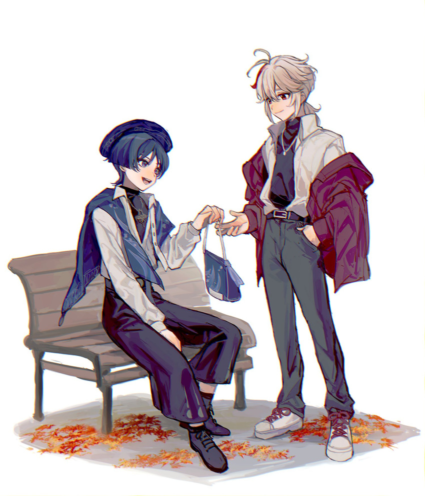 2boys alternate_costume bag bench black_footwear black_sweater blue_hair blue_headwear casual closed_mouth genshin_impact grey_hair hair_between_eyes hand_in_pocket hat highres jacket jewelry kaedehara_kazuha leaf long_sleeves male_focus multicolored_hair multiple_boys necklace open_mouth oshi_taberu pants ponytail red_eyes red_hair scaramouche_(genshin_impact) shoes simple_background sitting sneakers standing streaked_hair sweater turtleneck turtleneck_sweater white_background